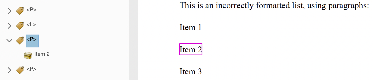 Tags panel showing two list items as p tags underneath a L tag.