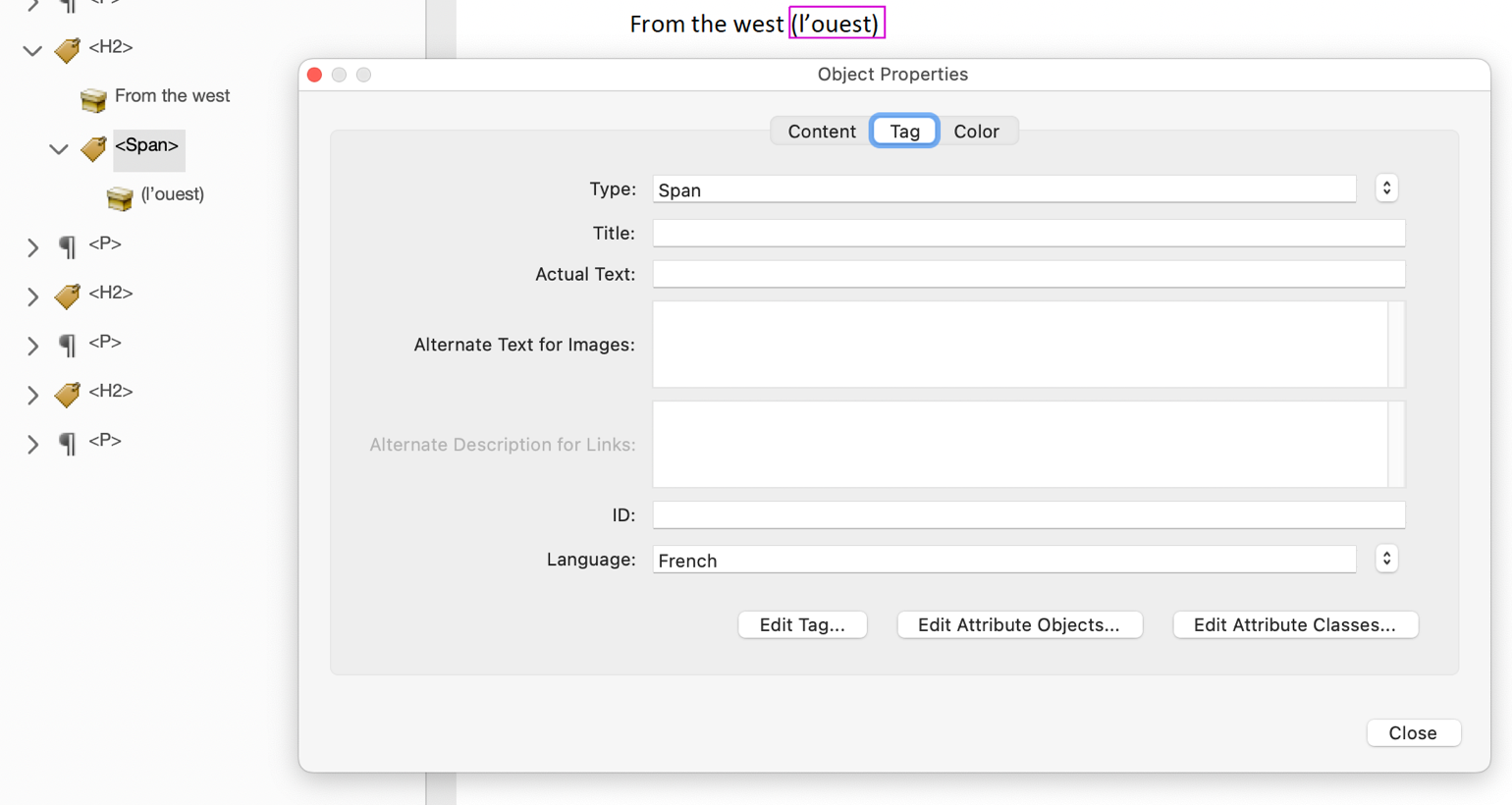 Specifying the language for a word in text using the Accessibility Tags panel.A French word is wrapped in a span element with its language set to French.