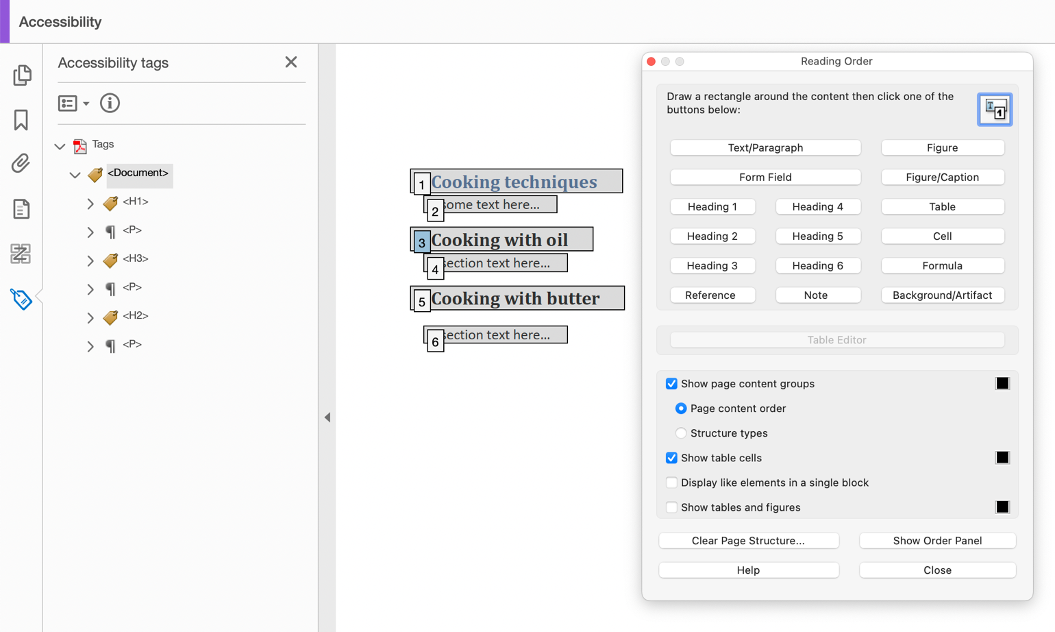 A PDF document opened in Adobe Acrobat. The Tags panel shows the headings in the tag tree. The Cooking With Oil heading is marked up as an H3 instead of an H2.